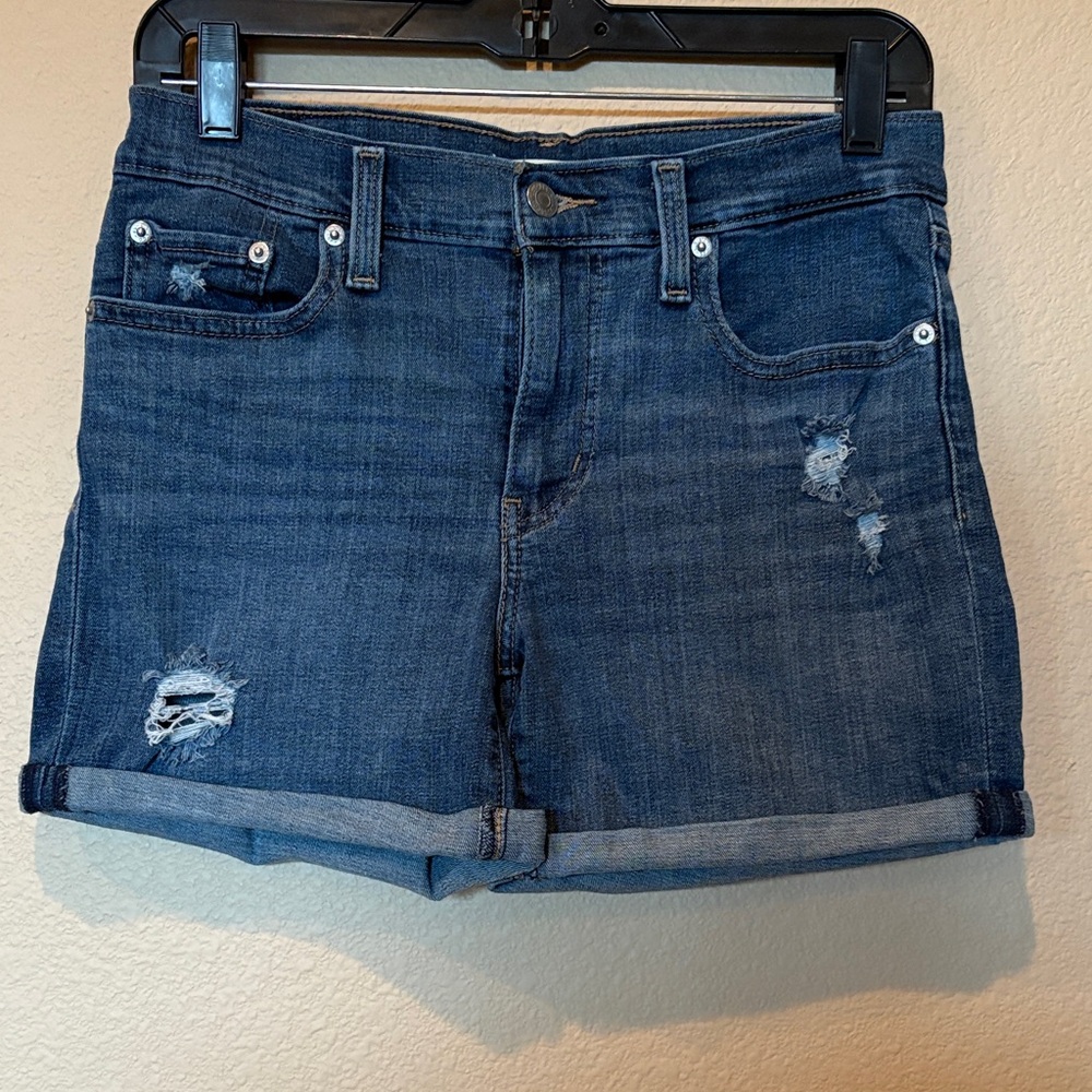 Levis Classic Dark Wash Distressed Women’s Denim Shorts, Rolled Hem, Mid -rise